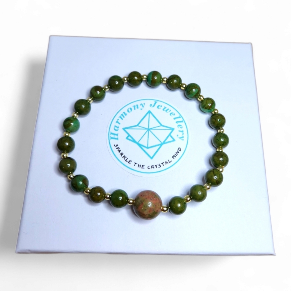6 mm African Jade and 10 mm Unakite Bracelet